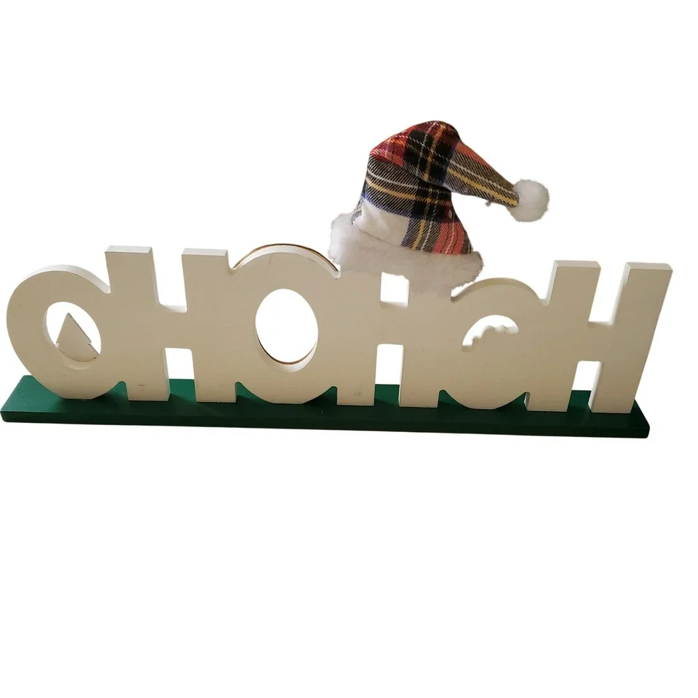 Wooden HO HO HO Christmas Sign‎ Plaid Santa Hat Snowflake Bell Tabletop Decor